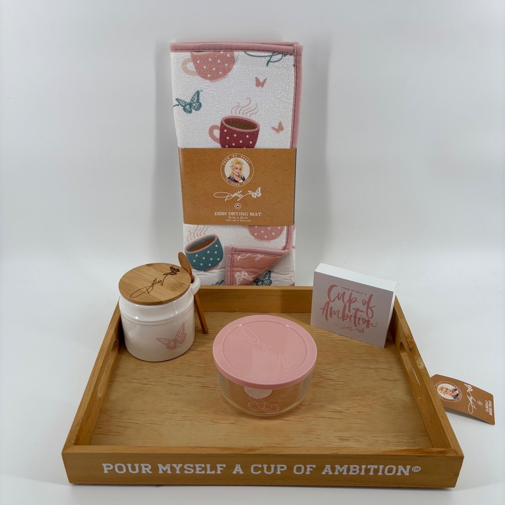 Dolly Parton Wood Tray Drying Mat Sugar Jar Set Pink Cup of Ambition New